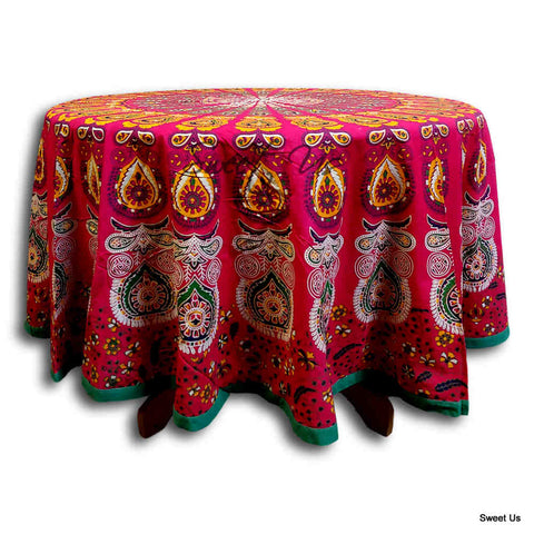 Cotton Elephant Mandala Floral Tablecloth Round 81 in Red Orange Green