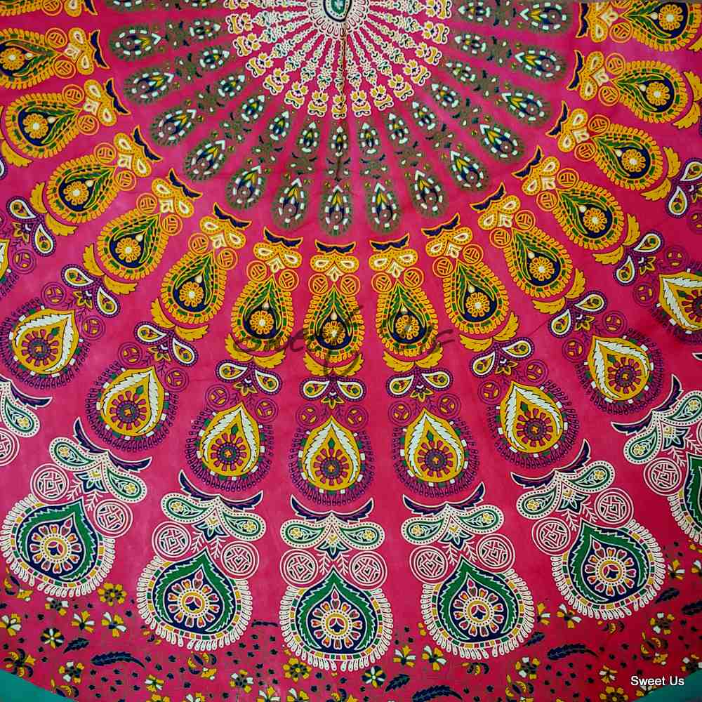 Cotton Elephant Mandala Floral Tablecloth Round 81 in Red Orange Green