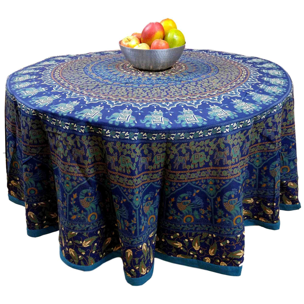 Handmade 100% Cotton Elephant Mandala Floral 81" Round Tablecloth Blue - Sweet Us