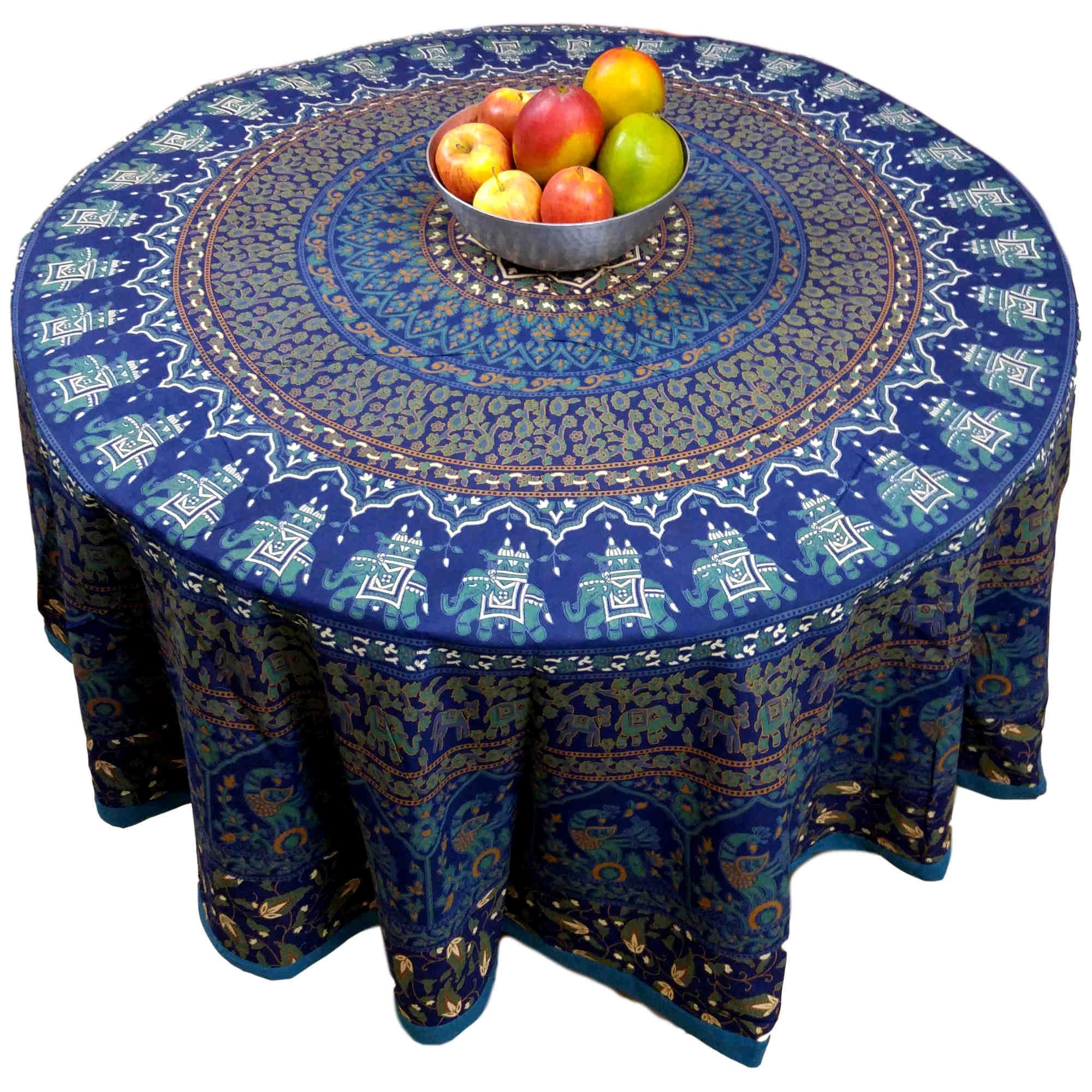 Handmade 100% Cotton Elephant Mandala Floral 81" Round Tablecloth Blue - Sweet Us