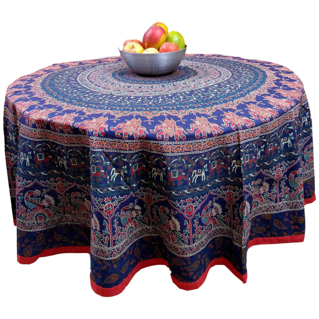 Handmade 100% Cotton Elephant Mandala Floral 81" Round Tablecloth Blue Red Orange Green - Sweet Us