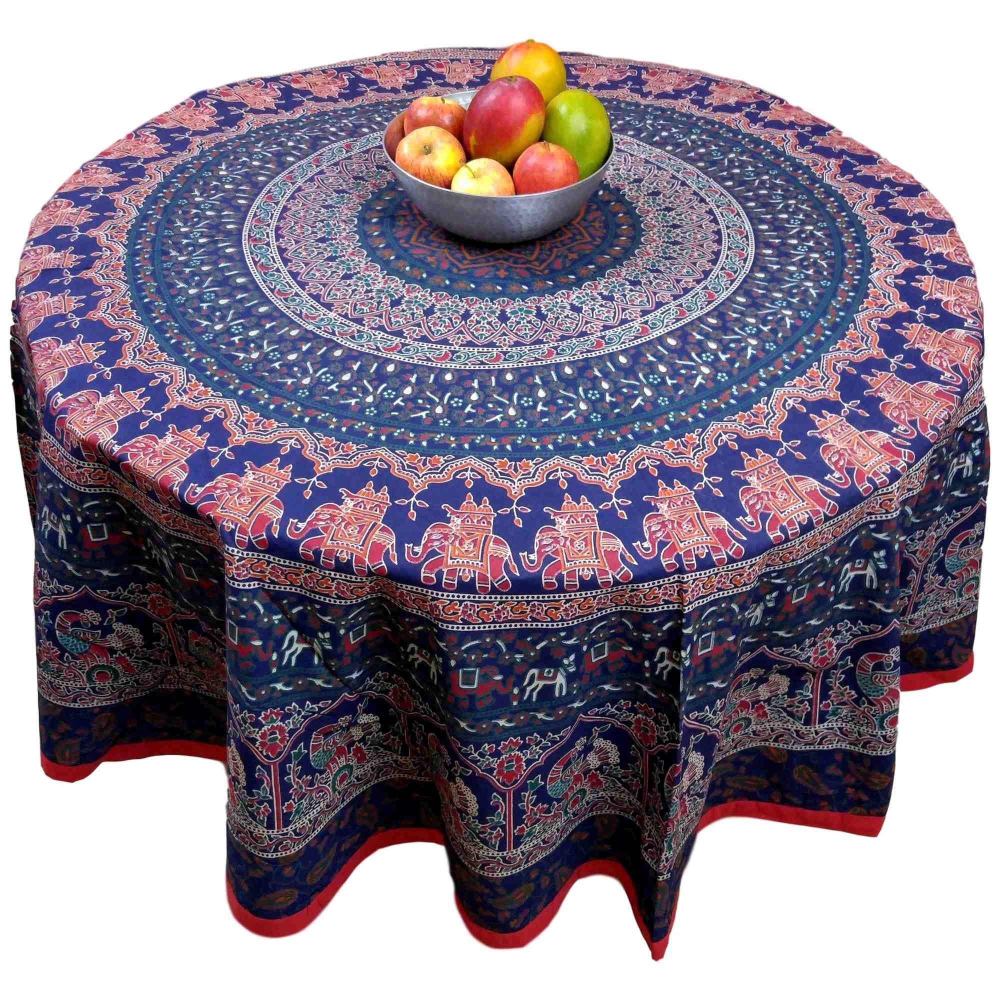 Handmade 100% Cotton Elephant Mandala Floral 81" Round Tablecloth Blue Red Orange Green - Sweet Us
