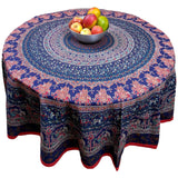 Handmade 100% Cotton Elephant Mandala Floral 81" Round Tablecloth Blue Red Orange Green - Sweet Us