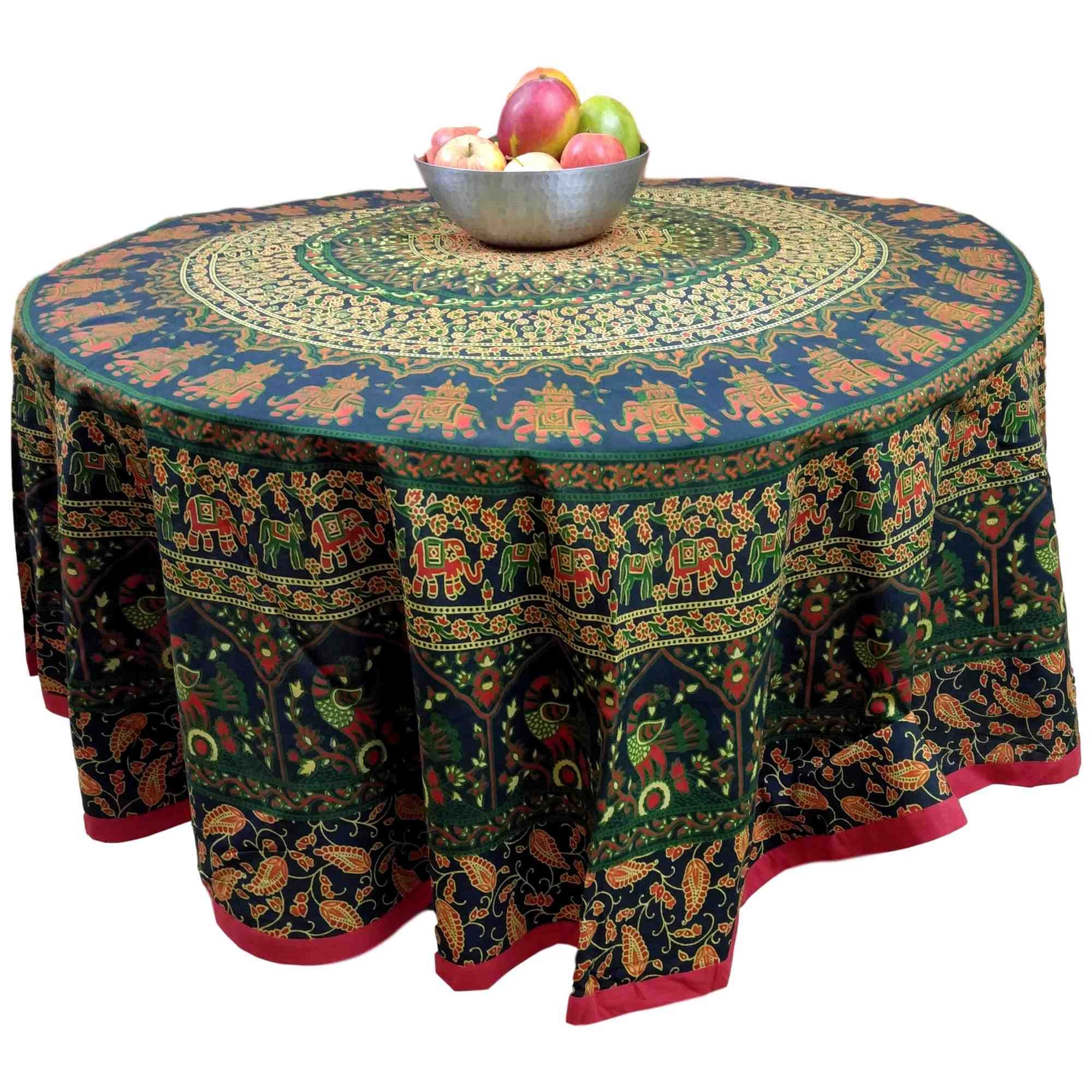 Handmade 100% Cotton Elephant Mandala Floral 81" Round Tablecloth Green Red - Sweet Us