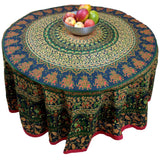 Handmade 100% Cotton Elephant Mandala Floral 81" Round Tablecloth Green Red - Sweet Us