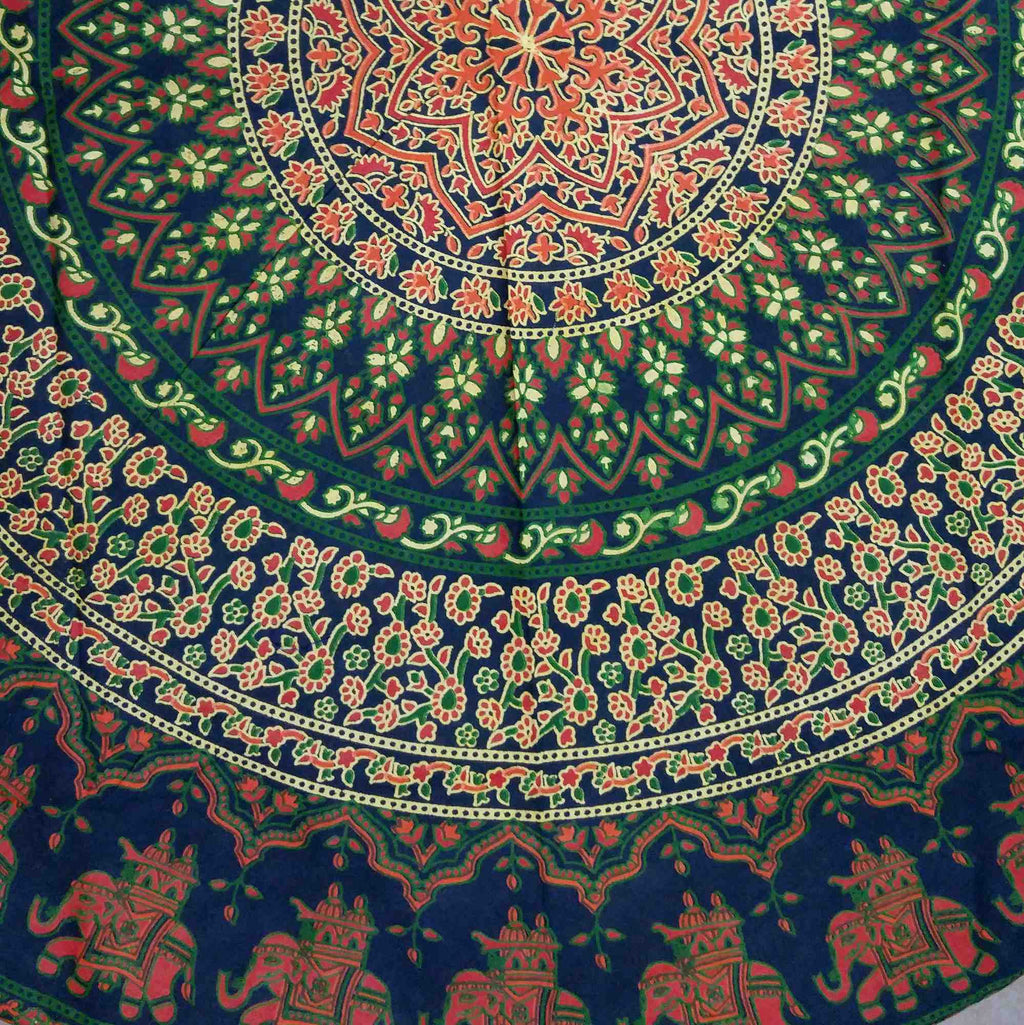 Handmade 100% Cotton Elephant Mandala Floral 81" Round Tablecloth Green Red - Sweet Us