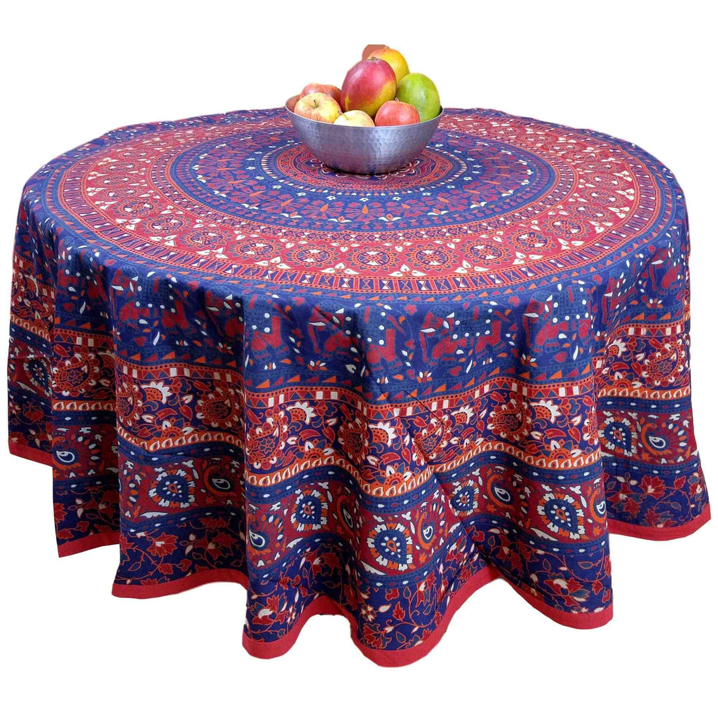 Handmade 100% Cotton Elephant Mandala Floral 81" Round Tablecloth Blue Red - Sweet Us