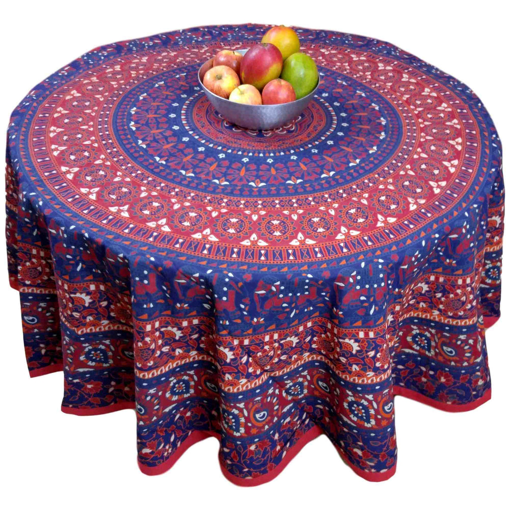 Handmade 100% Cotton Elephant Mandala Floral 81" Round Tablecloth Blue Red - Sweet Us