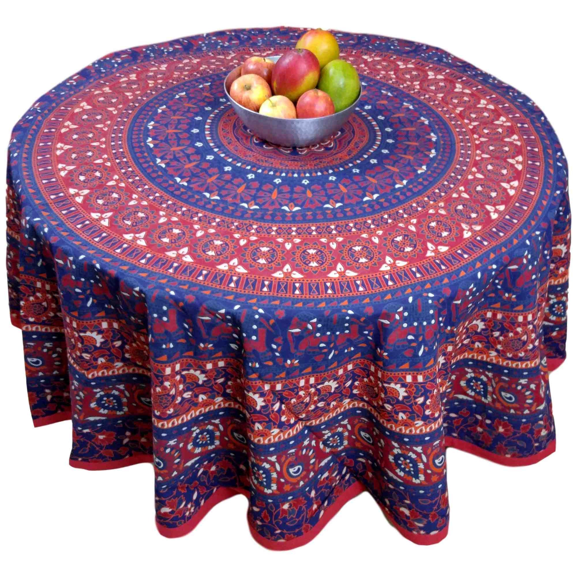 Handmade 100% Cotton Elephant Mandala Floral 81" Round Tablecloth Blue Red - Sweet Us