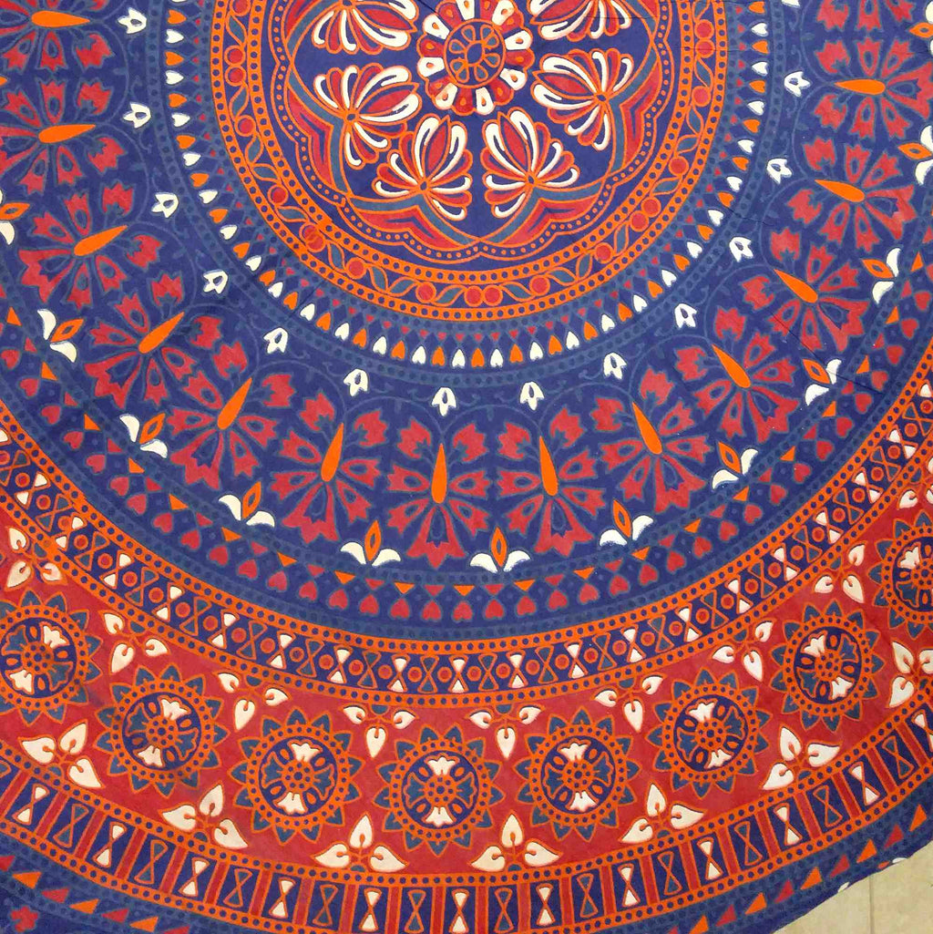 Handmade 100% Cotton Elephant Mandala Floral 81" Round Tablecloth Blue Red - Sweet Us