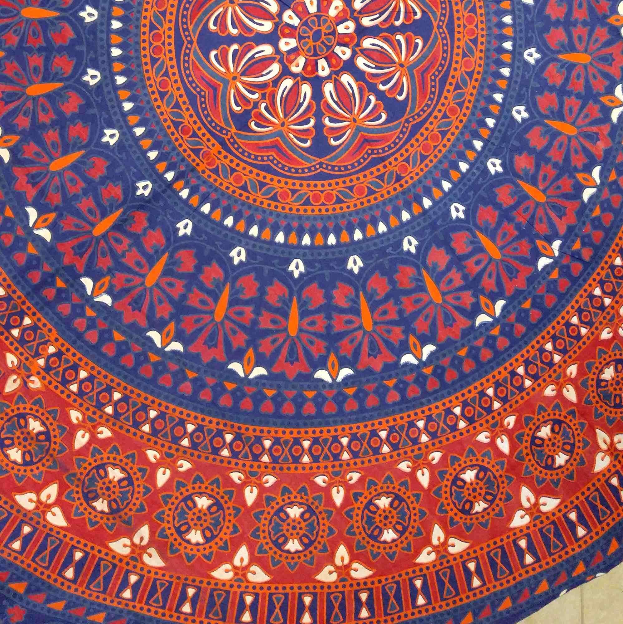 Handmade 100% Cotton Elephant Mandala Floral 81" Round Tablecloth Blue Red - Sweet Us
