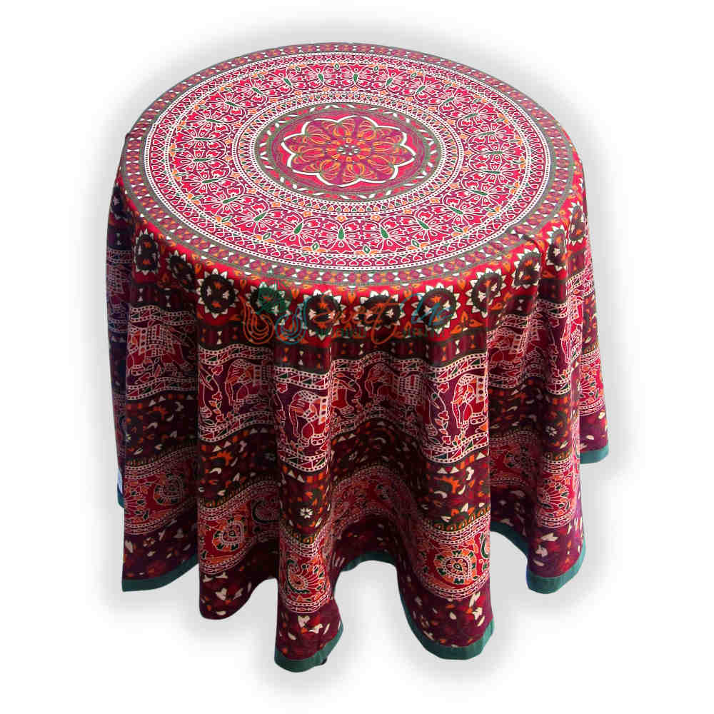 Cotton Autumn Elephant Mandala Floral Tablecloth Round