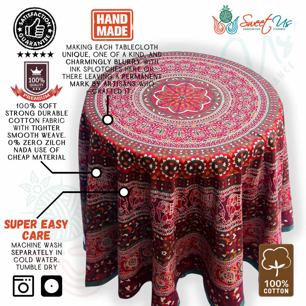 Cotton Autumn Elephant Mandala Floral Tablecloth Round