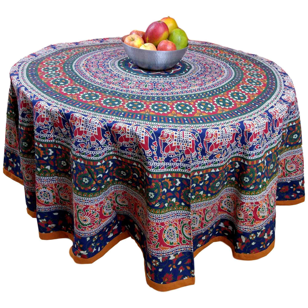Handmade 100% Cotton Elephant Mandala Floral 81" Round Tablecloth Red Blue Orange Green - Sweet Us