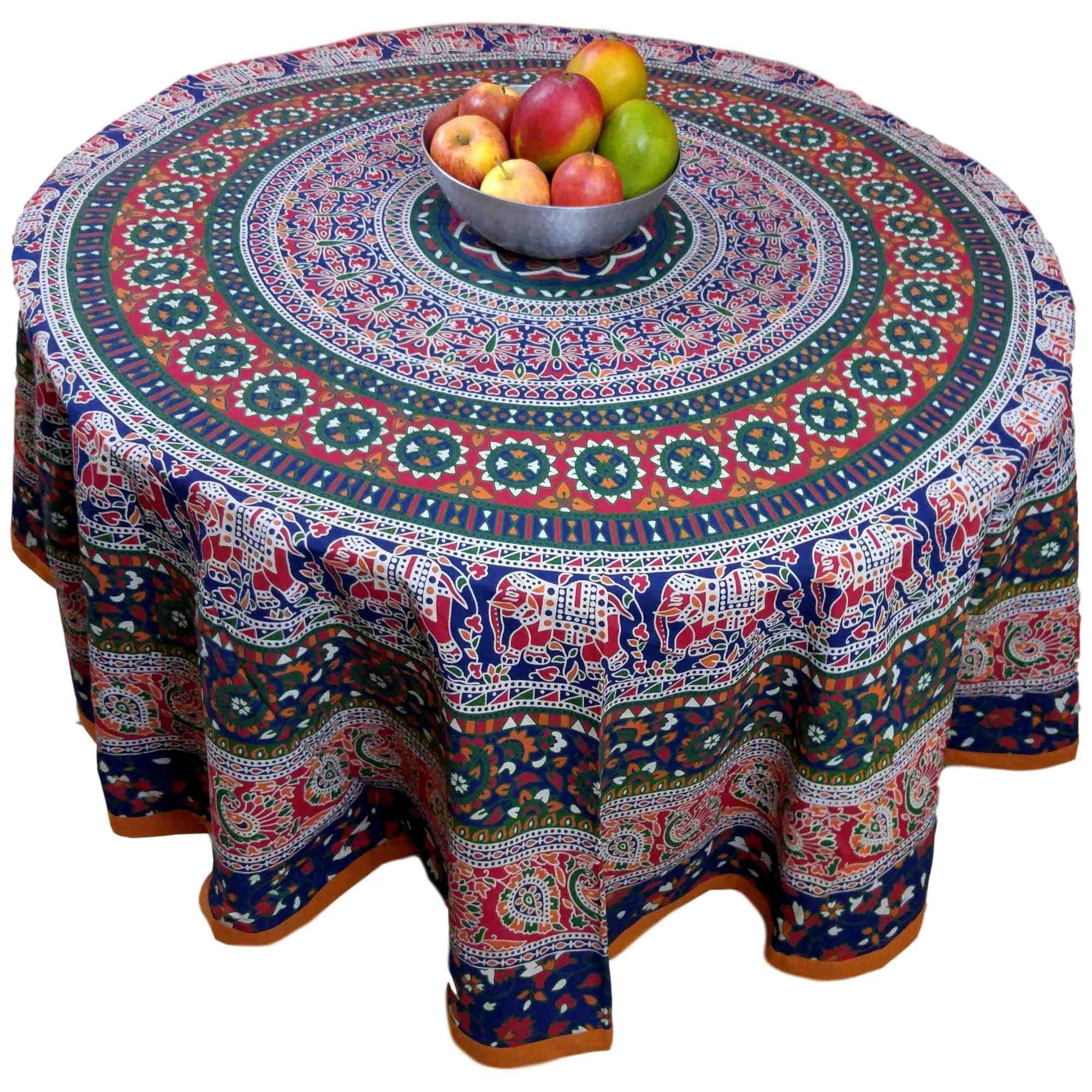 Handmade 100% Cotton Elephant Mandala Floral 81" Round Tablecloth Red Blue Orange Green - Sweet Us