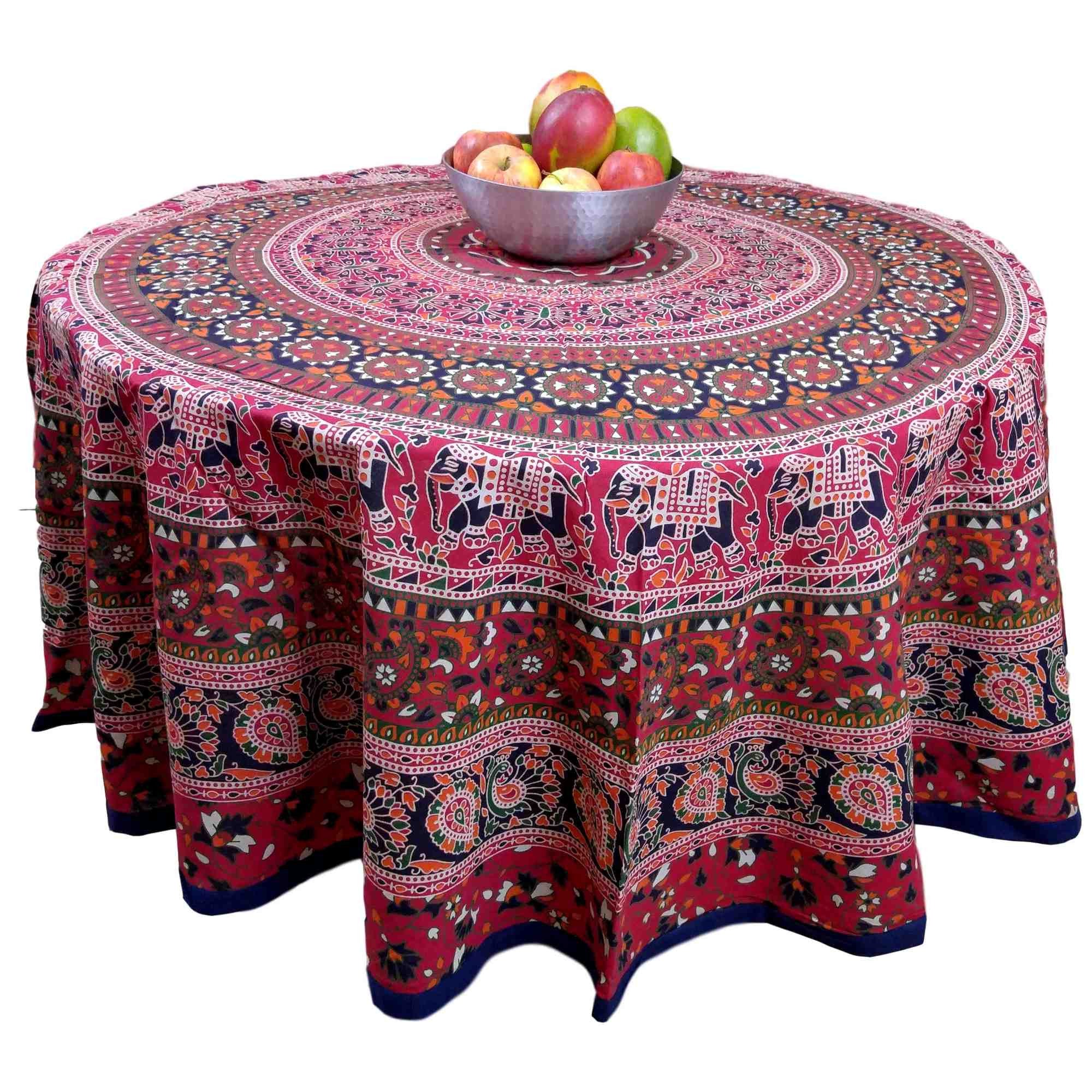 Handmade 100% Cotton Elephant Mandala Floral 81" Round Tablecloth Blue Red Orange Green - Sweet Us