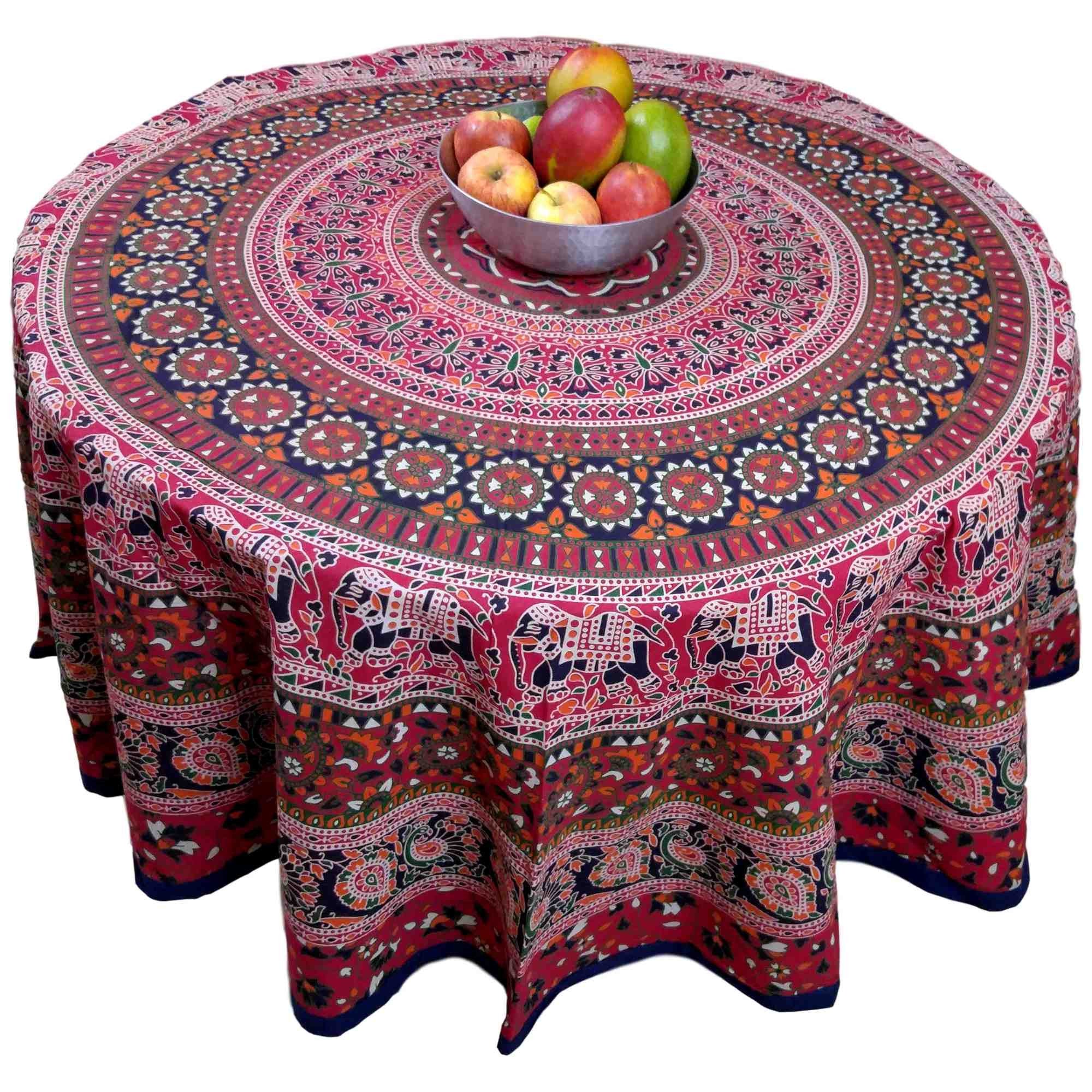 Handmade 100% Cotton Elephant Mandala Floral 81" Round Tablecloth Blue Red Orange Green - Sweet Us