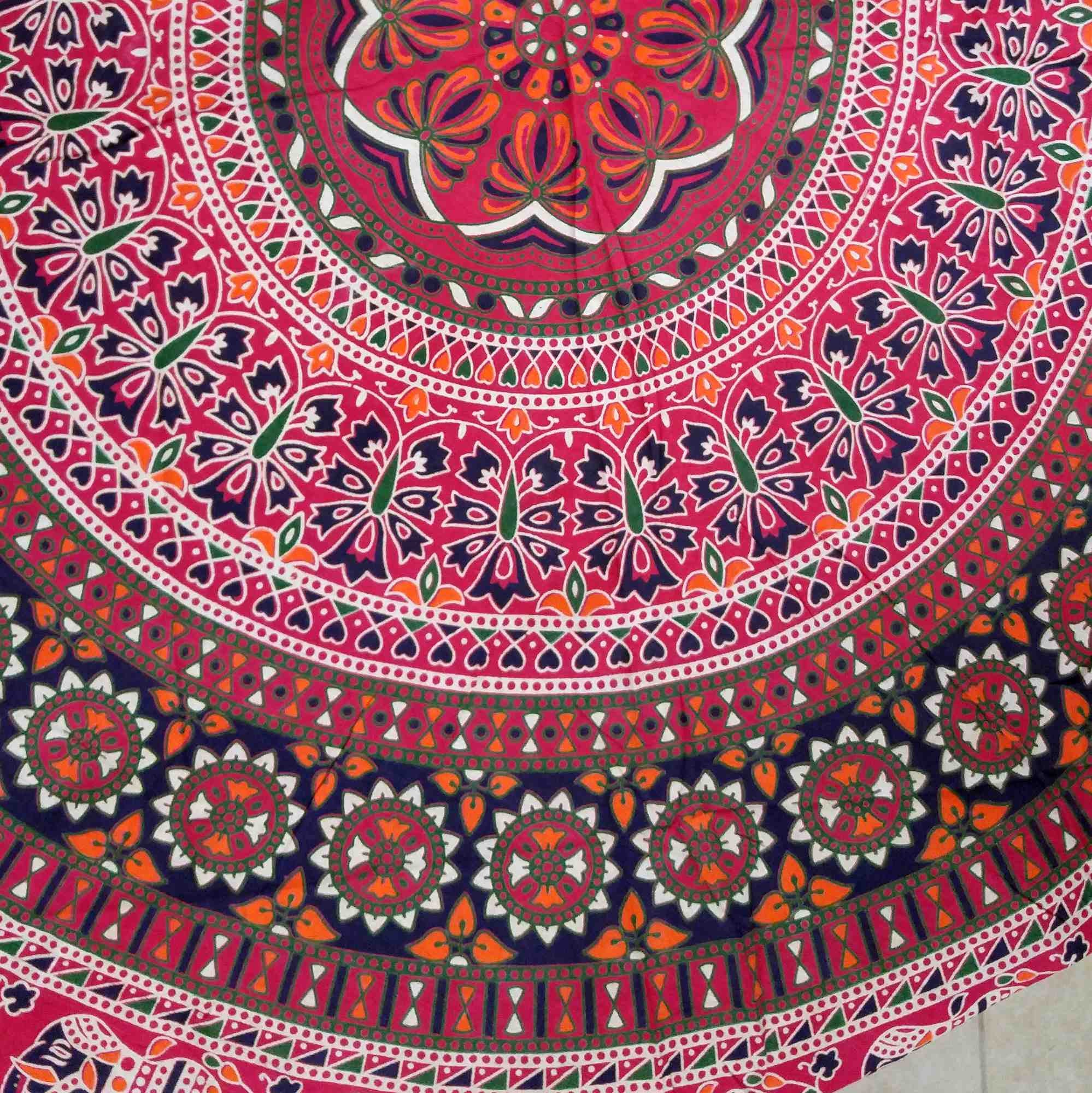 Handmade 100% Cotton Elephant Mandala Floral 81" Round Tablecloth Blue Red Orange Green - Sweet Us