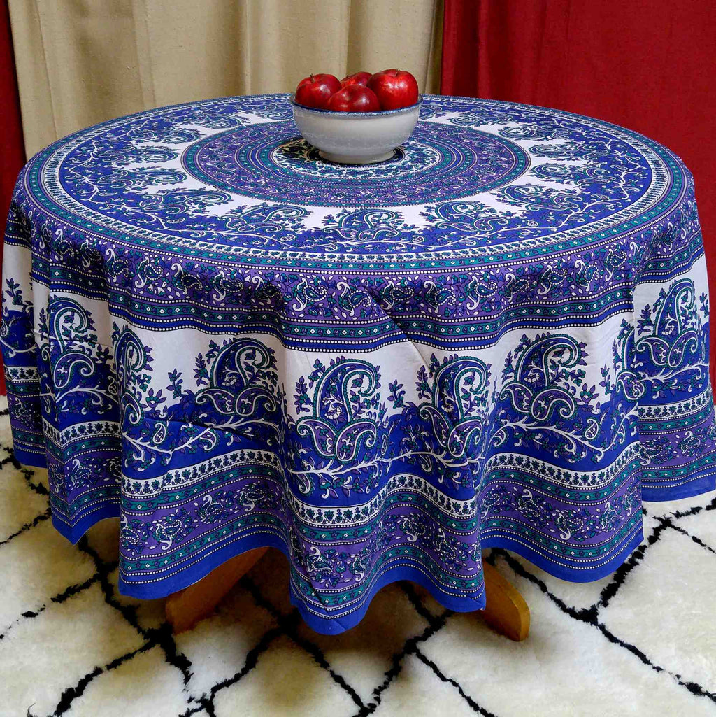 Cotton Mandala Paisley Floral Tablecloth Round 72 inches Blue Purple - Sweet Us