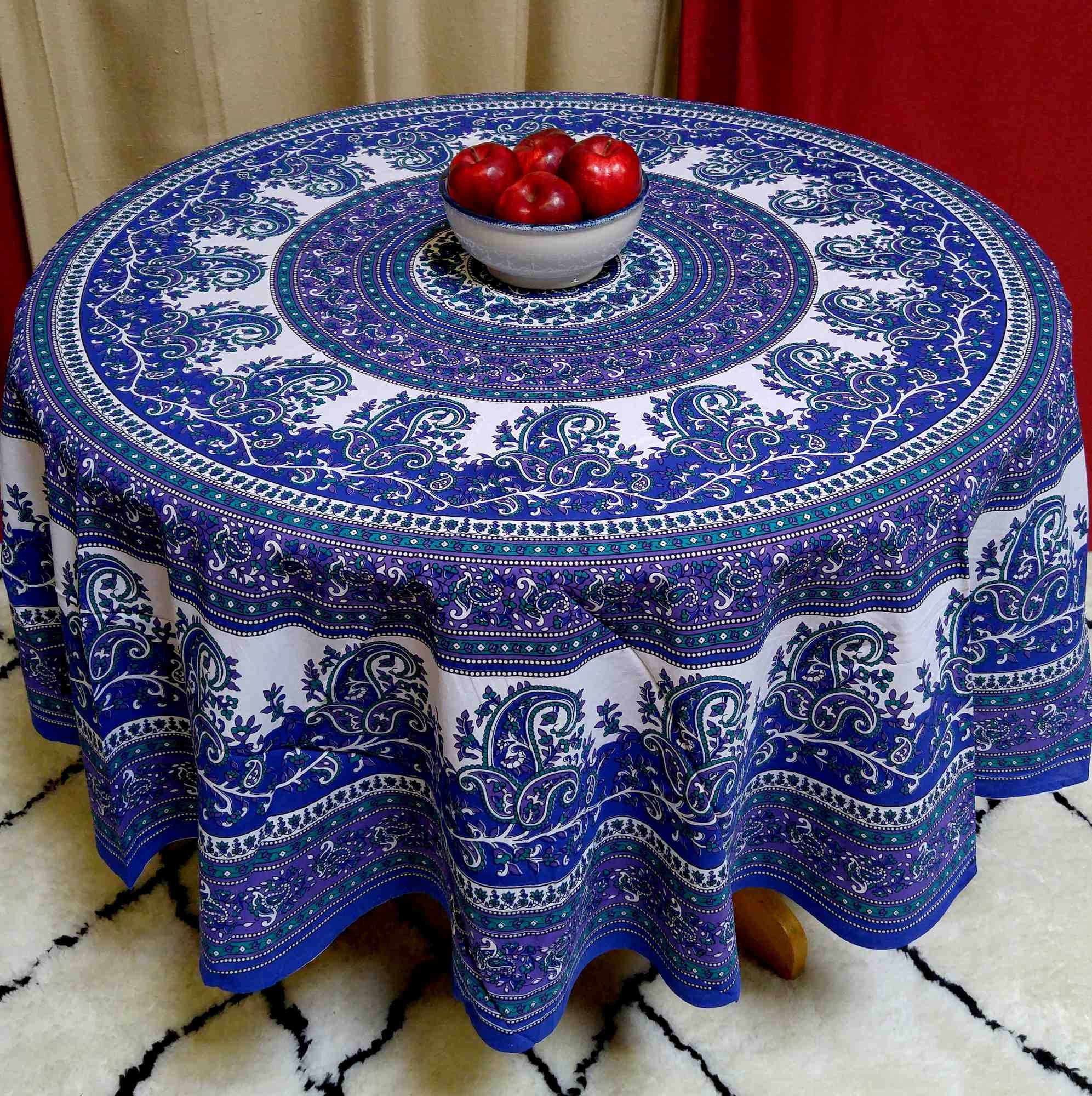 Cotton Mandala Paisley Floral Tablecloth Round 72 inches Blue Purple - Sweet Us