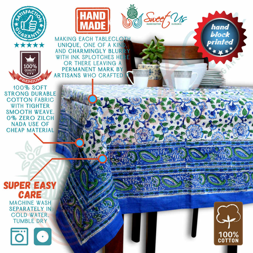 Royal Paisley Floral Cotton Block Print Tablecloth Rectangle, Seaglass Symphony