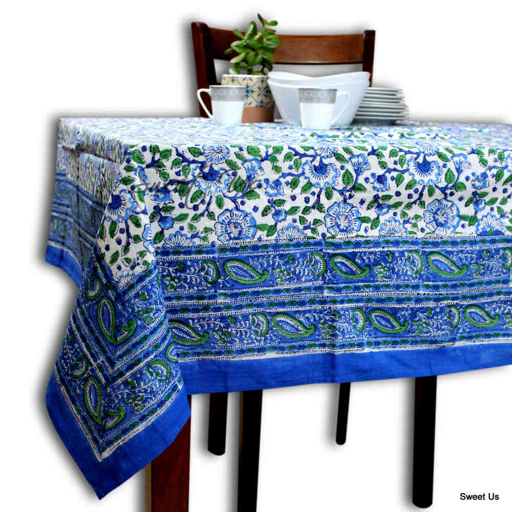 Royal Paisley Floral Cotton Block Print Tablecloth Rectangle, Seaglass Symphony