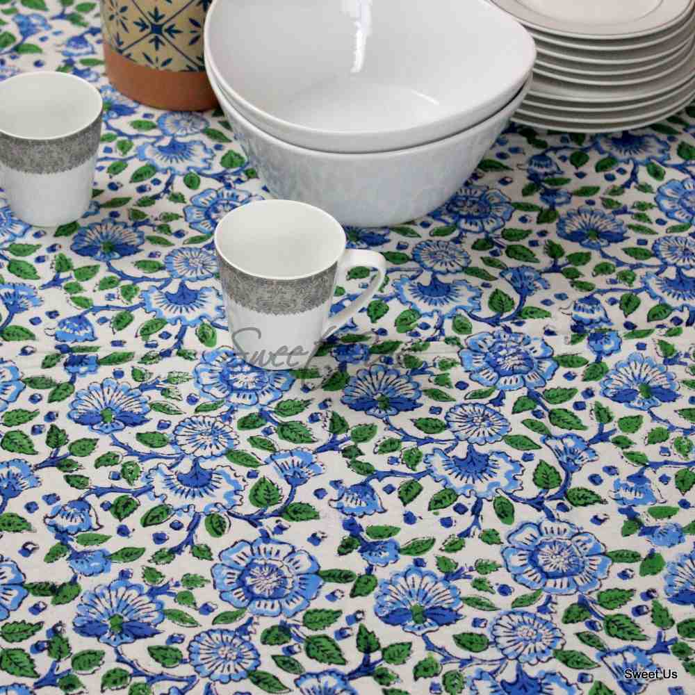 Royal Paisley Floral Cotton Block Print Tablecloth Rectangle, Seaglass Symphony