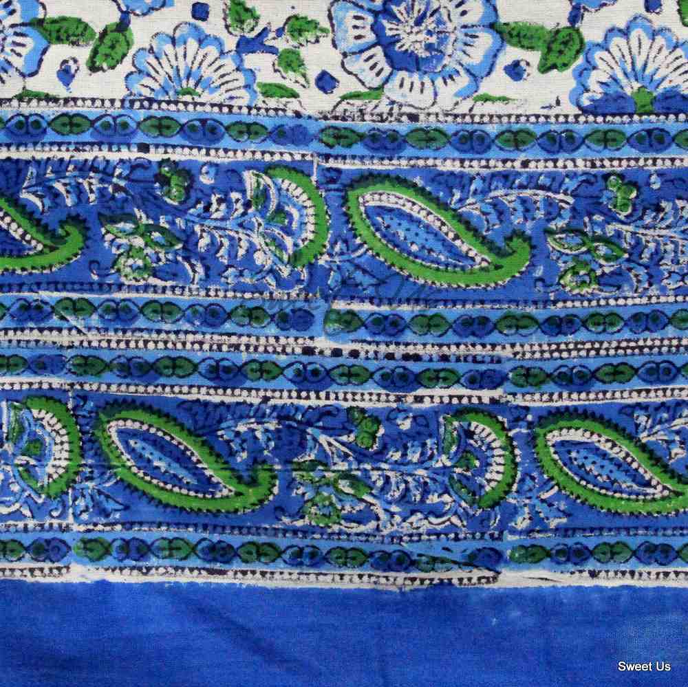 Royal Paisley Floral Cotton Block Print Tablecloth Rectangle, Seaglass Symphony