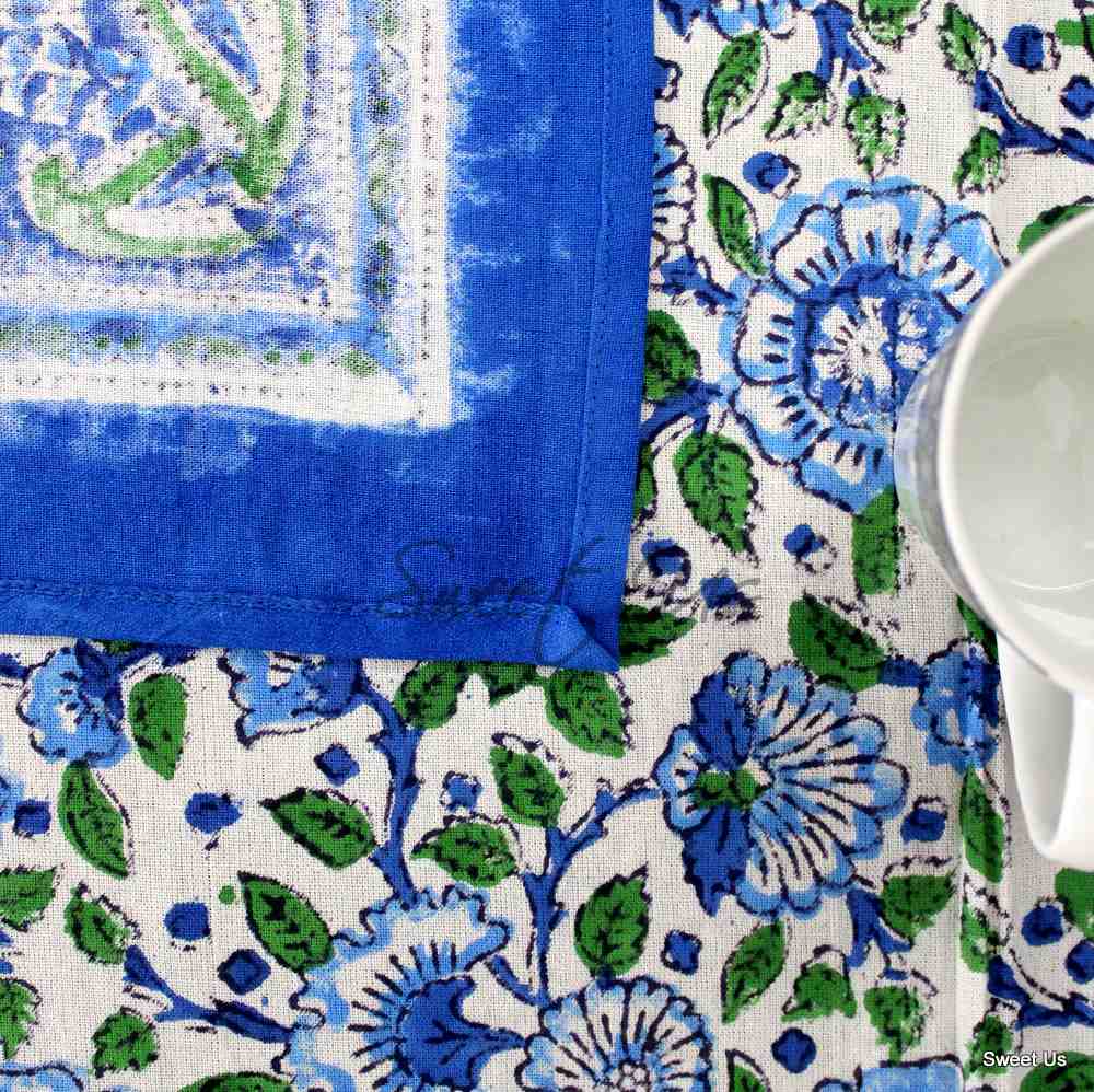 Royal Paisley Floral Cotton Block Print Tablecloth Rectangle, Seaglass Symphony