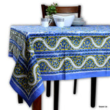 Cotton Block Print Paisley Floral Tablecloth Rectangle Blue Gold Green