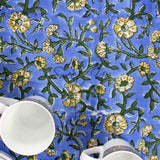 Cotton Block Print Paisley Floral Tablecloth Rectangle Blue Gold Green