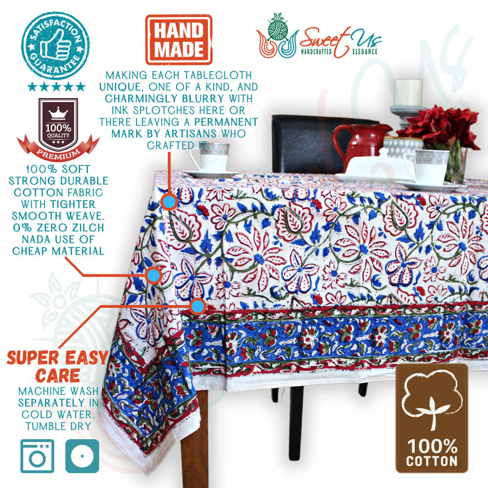 Venetia Block Print Floral Tablecloth Square Ink Blue, Red, Green, Beige