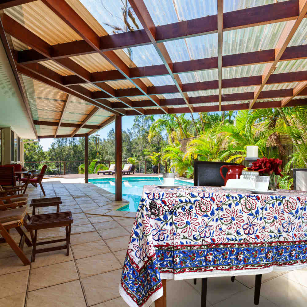 Venetia Block Print Floral Tablecloth Square Ink Blue, Red, Green, Beige