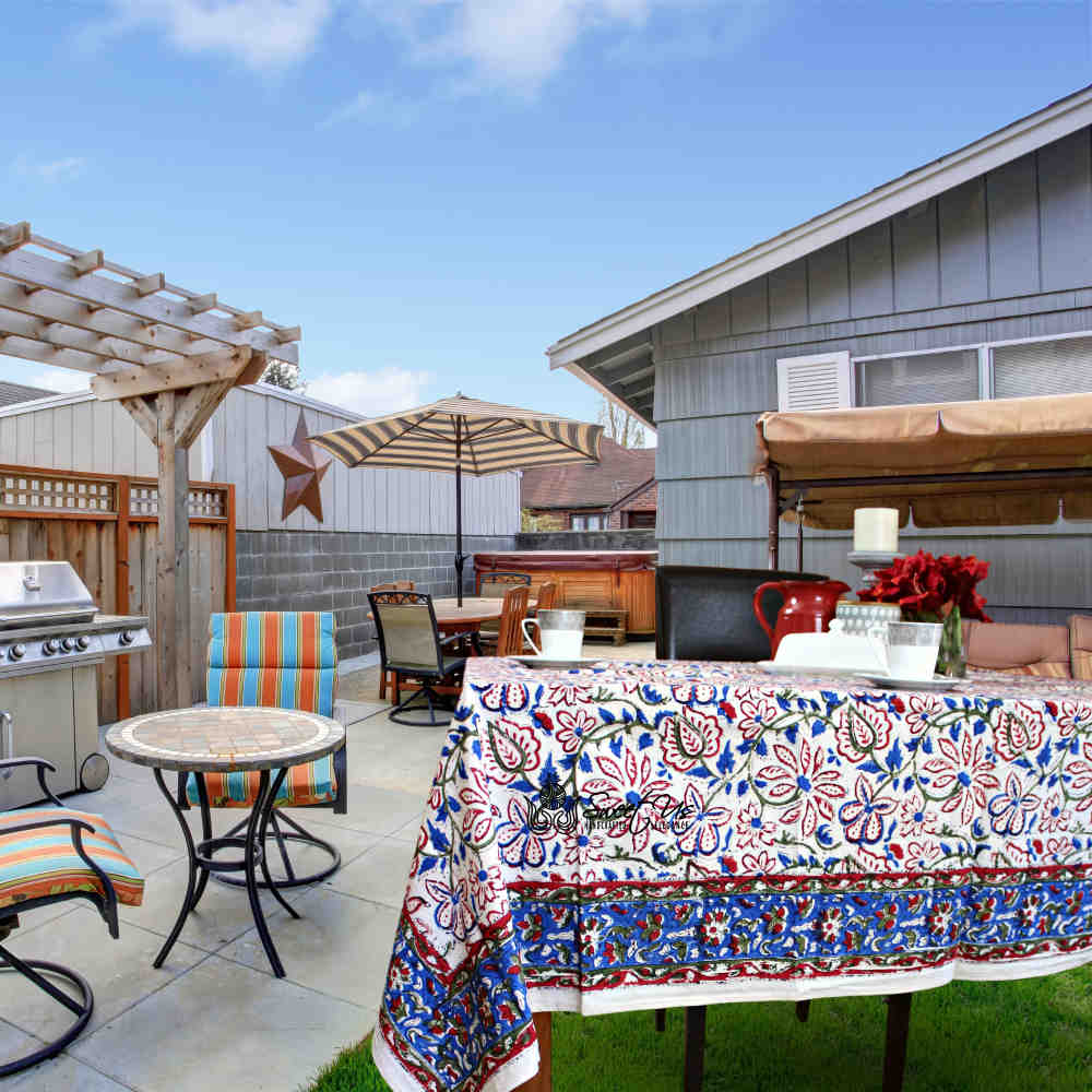 Venetia Block Print Floral Tablecloth Square Ink Blue, Red, Green, Beige