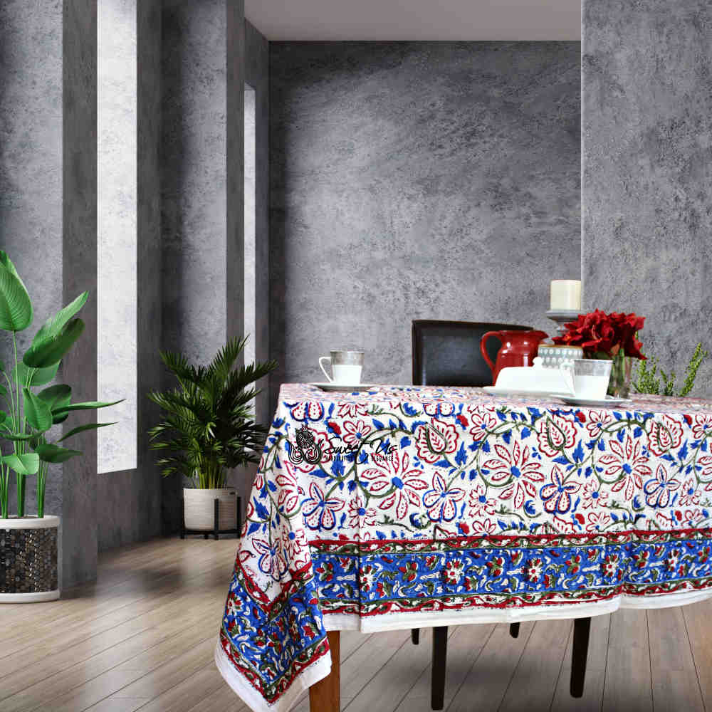 Venetia Block Print Floral Tablecloth Square Ink Blue, Red, Green, Beige