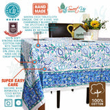 Venetia Block Print Floral Tablecloth Square Denim Blue, Green, White