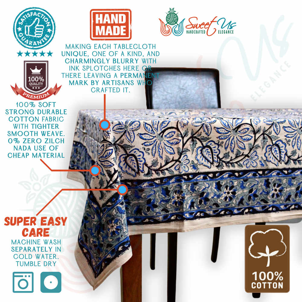 Venetia Block Print Floral Tablecloth Square Nile Blue, Black, Gray, Beige