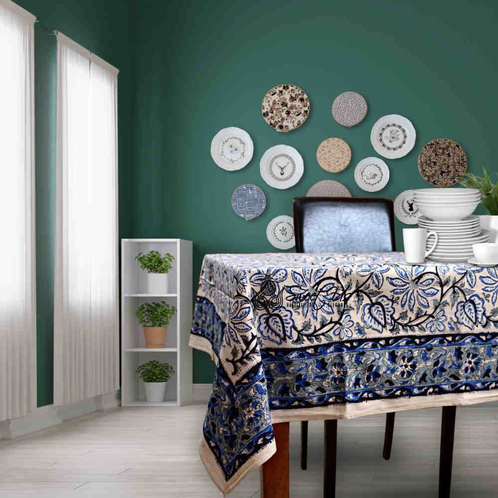 Venetia Block Print Floral Tablecloth Square Nile Blue, Black, Gray, Beige