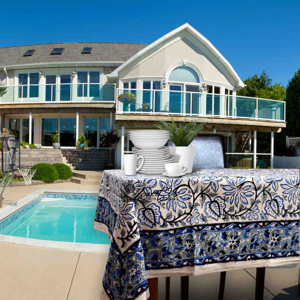 Venetia Block Print Floral Tablecloth Square Nile Blue, Black, Gray, Beige
