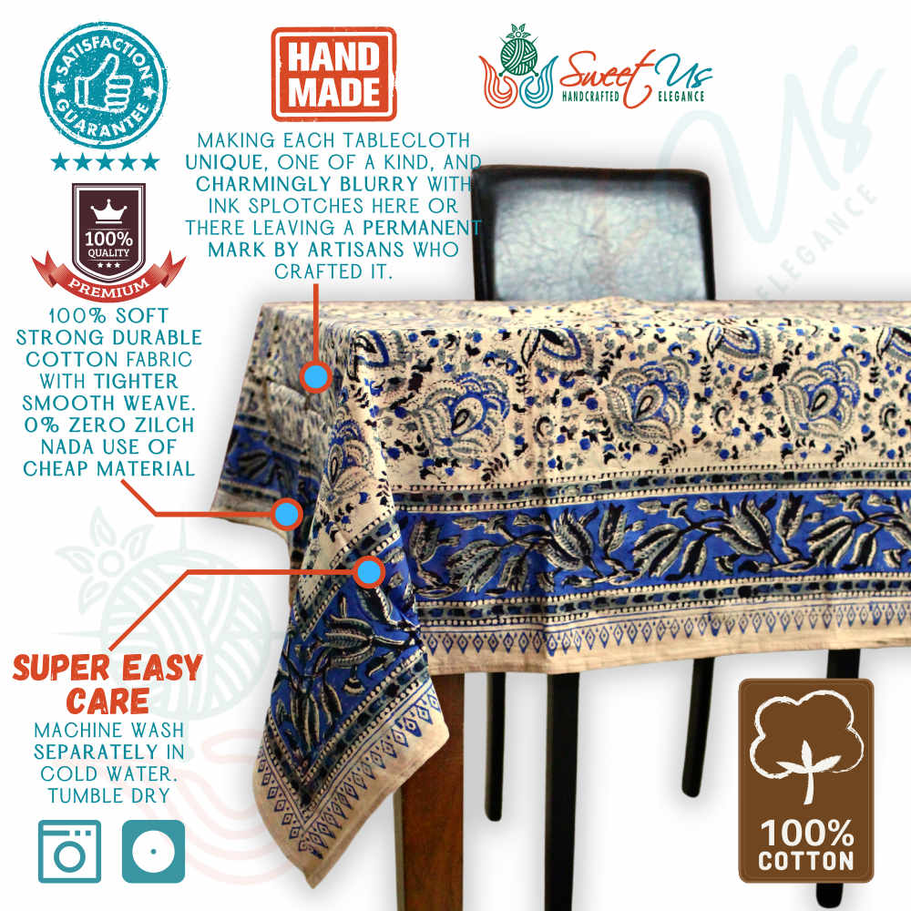 Ashlyn Block Print Floral Tablecloth Square Blue Zodiac, Black, Blue, Beige