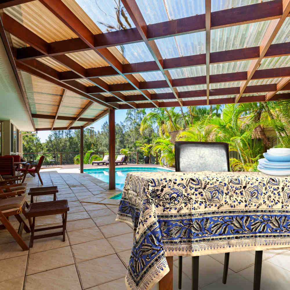 Ashlyn Block Print Floral Tablecloth Square Blue Zodiac, Black, Blue, Beige