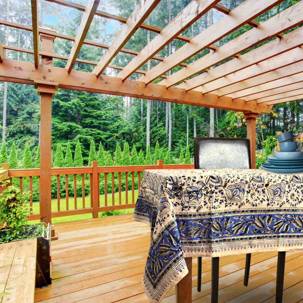 Ashlyn Block Print Floral Tablecloth Square Blue Zodiac, Black, Blue, Beige