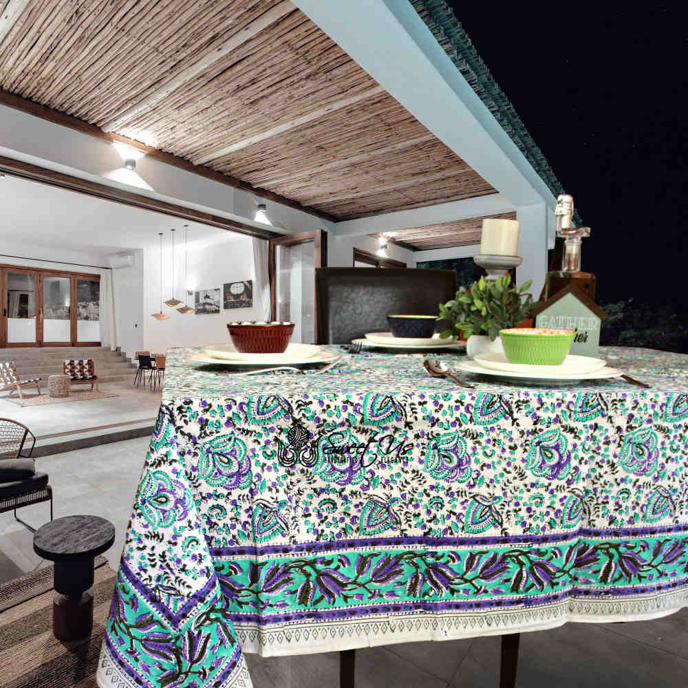 Ashlyn Block Print Floral Tablecloth Square Turquoise, Purple, Beige