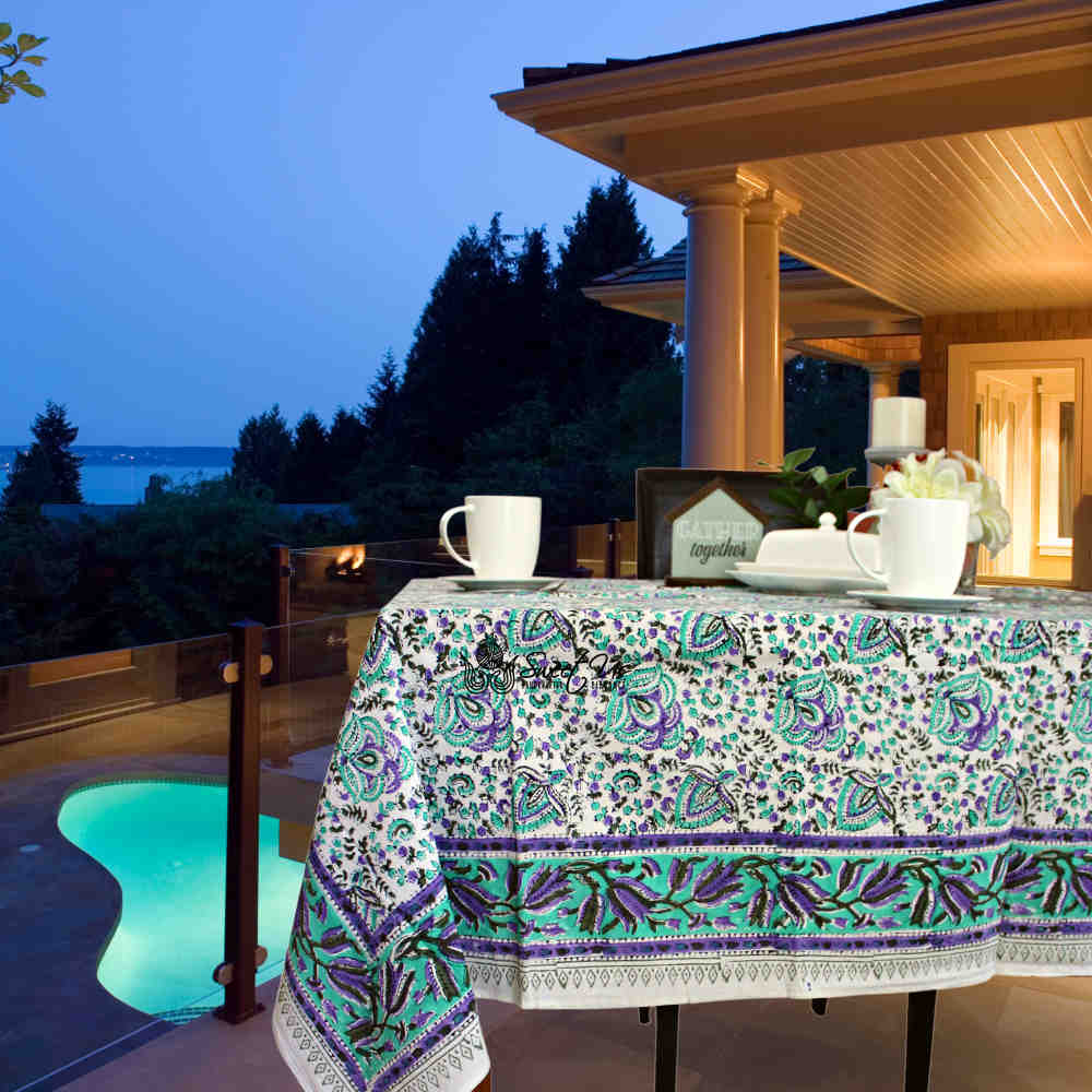 Ashlyn Block Print Floral Tablecloth Square Turquoise, Purple, Beige