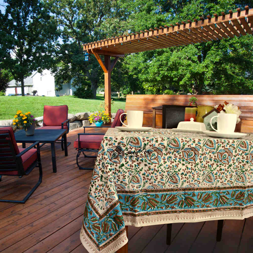 Ashlyn Block Print Floral Tablecloth Square Sky Blue, Gold, Green, Beige