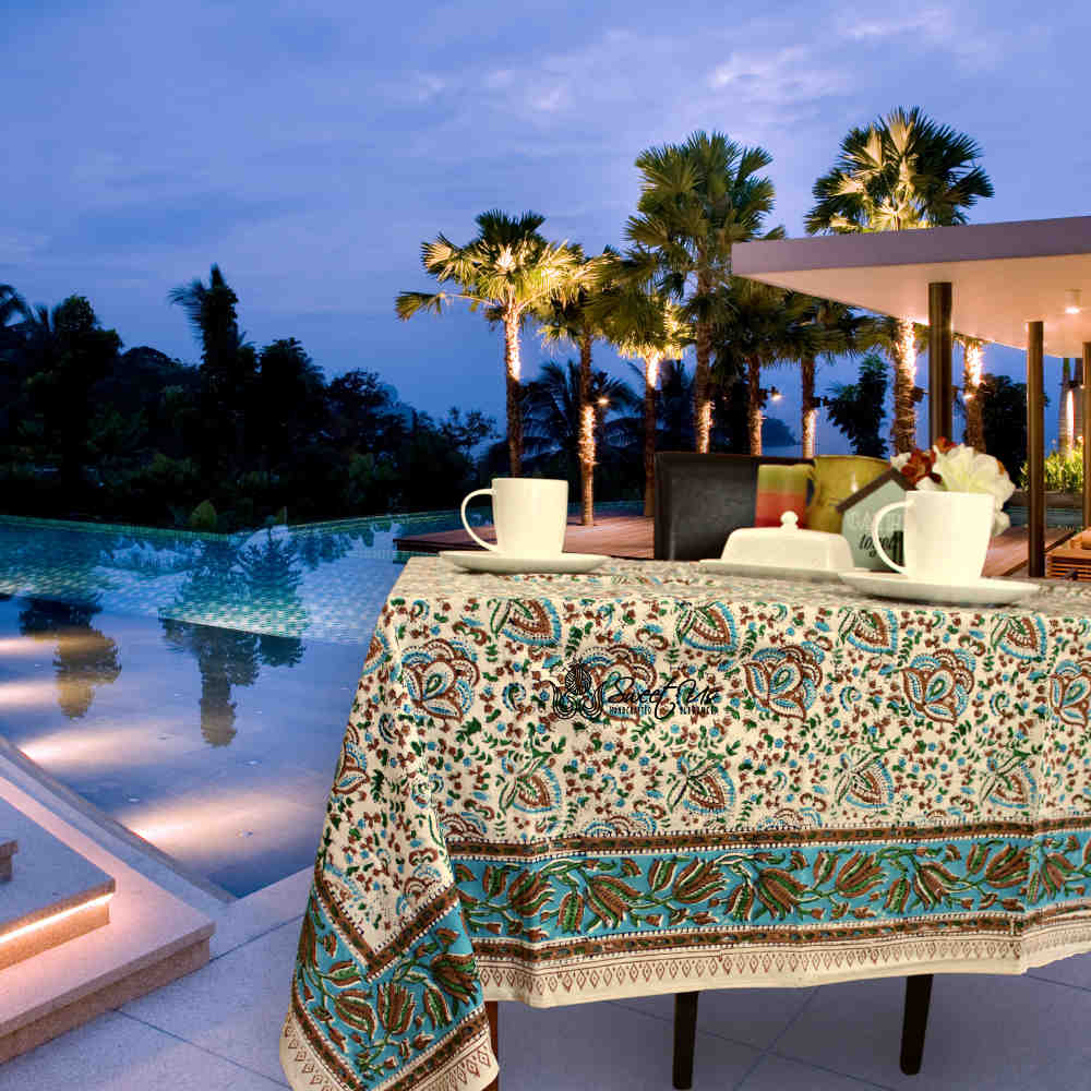 Ashlyn Block Print Floral Tablecloth Square Sky Blue, Gold, Green, Beige