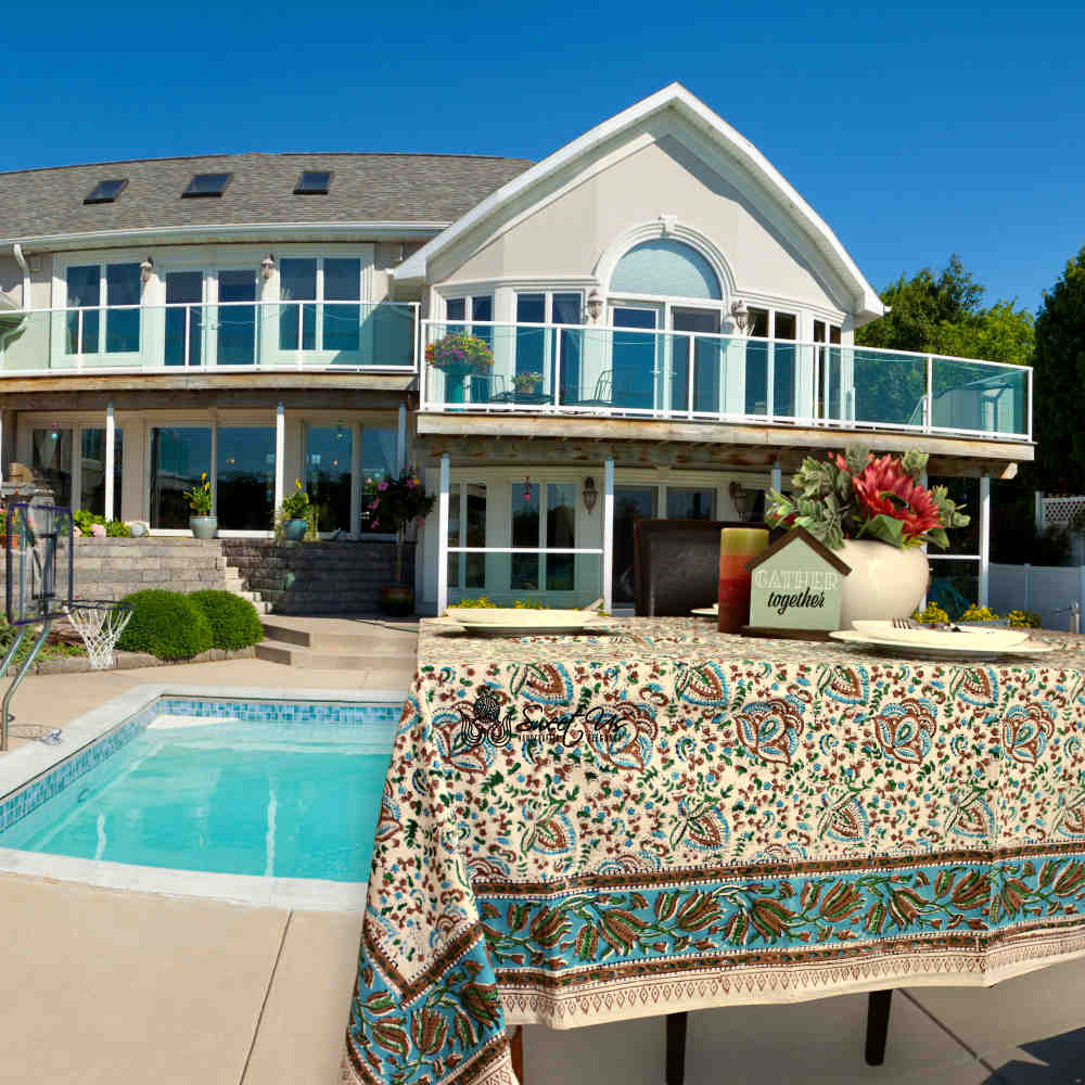 Ashlyn Block Print Floral Tablecloth Square Sky Blue, Gold, Green, Beige