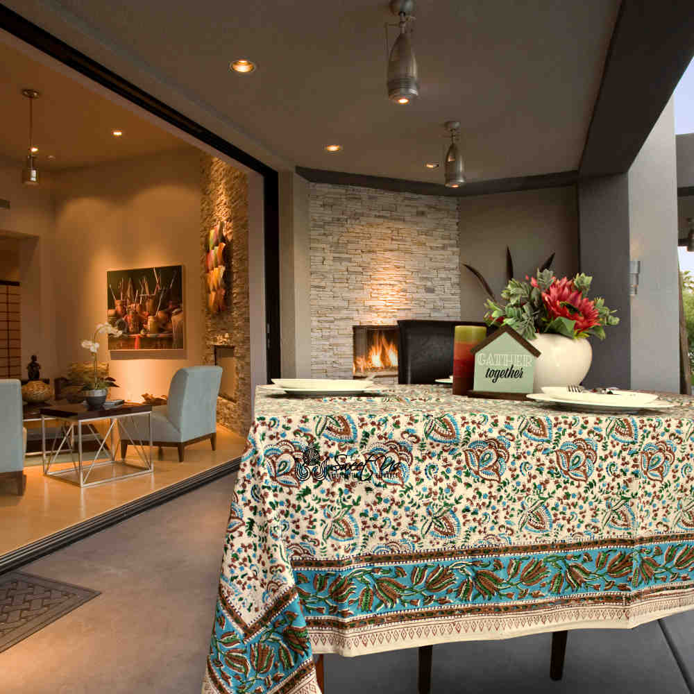 Ashlyn Block Print Floral Tablecloth Square Sky Blue, Gold, Green, Beige