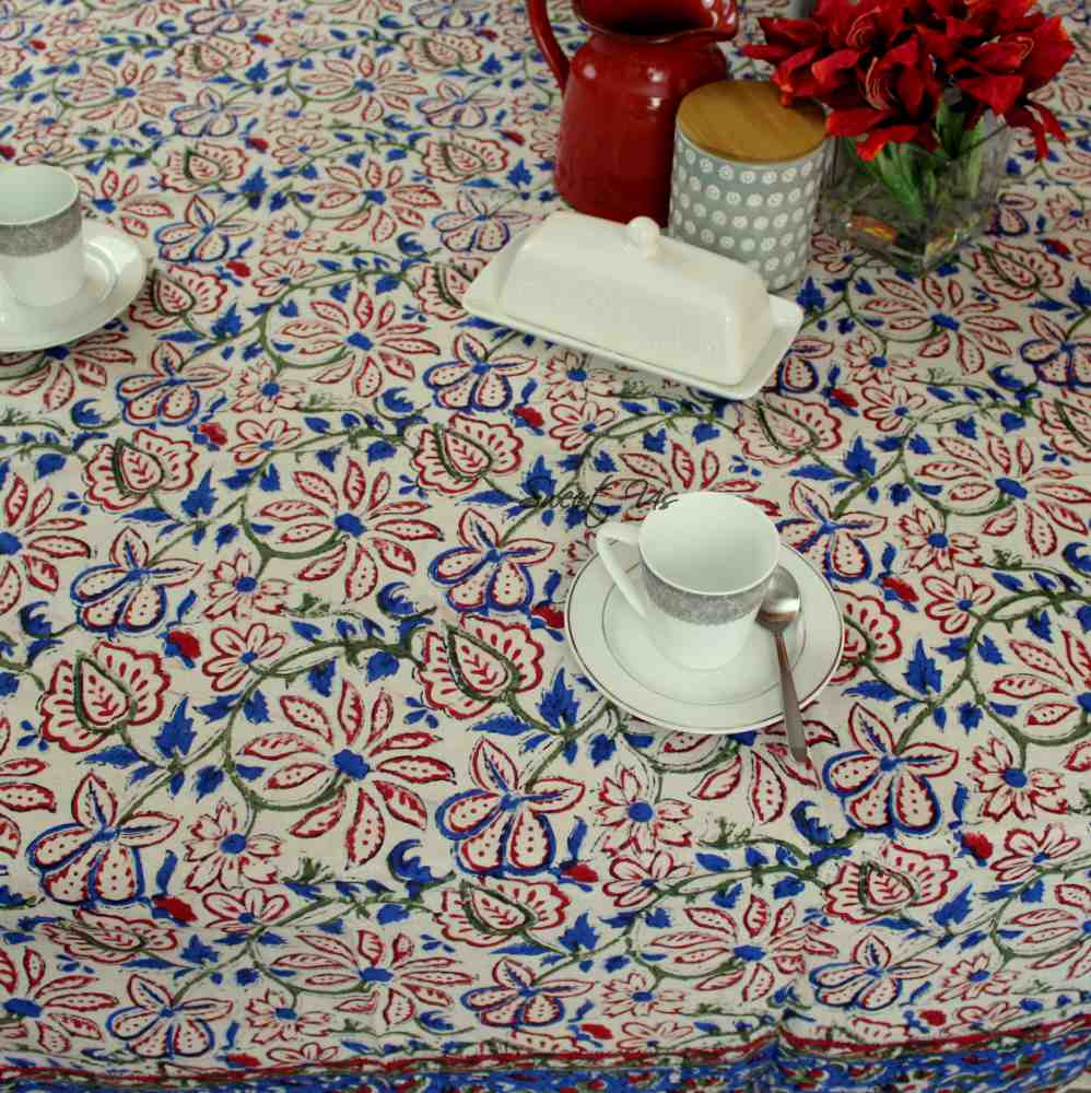 Venetia Block Print Floral Tablecloth Square Ink Blue, Red, Green, Beige
