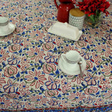 Venetia Block Print Floral Tablecloth Square Ink Blue, Red, Green, Beige
